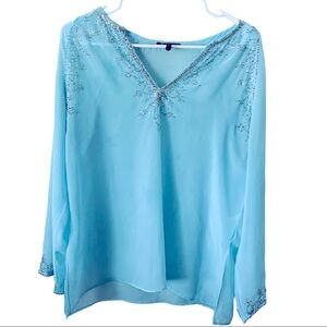 Daisy Fuentes blue embroidered chiffonlong sleeve Medium Tunic